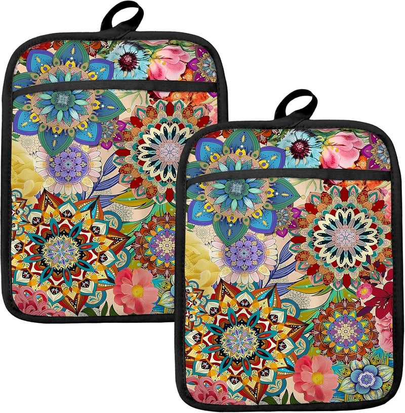HUGANE Boho Floral Oven Mitts Set, Vintage Luxury Colorful Flower Floral Heat Resistant Kitchen Oven Gloves for Baking and Cooking,Pot Holders - Image 1